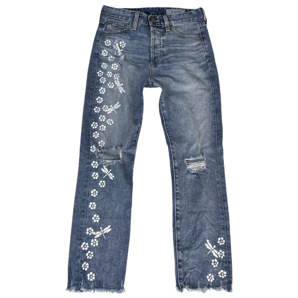 AG ADRIANO GOLDSHMIED medium faded distressed high rise "sloan crop" jeans, 24".
